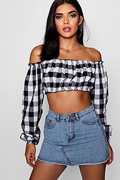 Boohoo Check Puff Sleeve Ruffle Crop