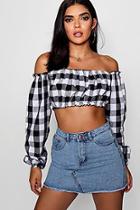 Boohoo Check Puff Sleeve Ruffle Crop