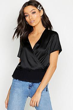 Boohoo Satin Wrap Top With Ruffle Hem