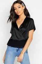Boohoo Satin Wrap Top With Ruffle Hem