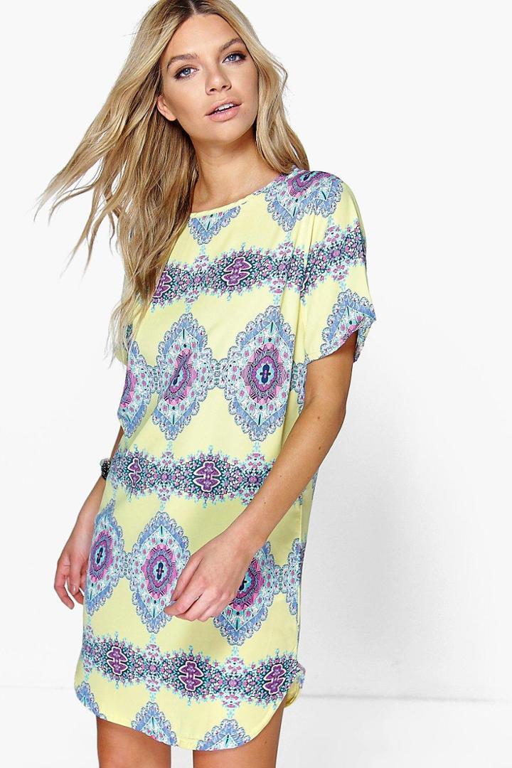 Boohoo Emma Sleeveless Printed Shift Dress Yellow