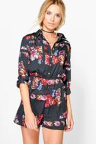 Boohoo Lola Dark Floral Shirt Style Playsuit Black