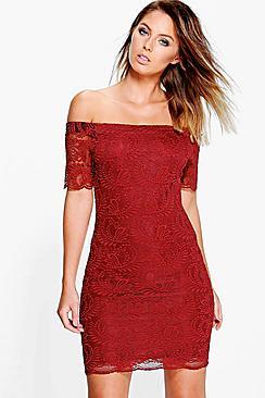 Boohoo Ayn Scallop Lace Off Shoulder Bodycon Dress