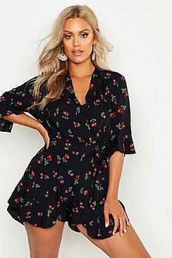 Boohoo Plus Cherry Print Ruffle Tie Playsuit