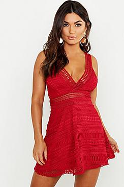Boohoo Lace Plunge Neck Skater Dress