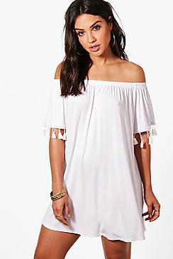 Boohoo Iris Tassel Bardot Beach Dress