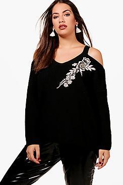 Boohoo Plus Open Shoulder Embroidered Jumper