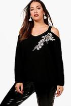 Boohoo Plus Open Shoulder Embroidered Jumper