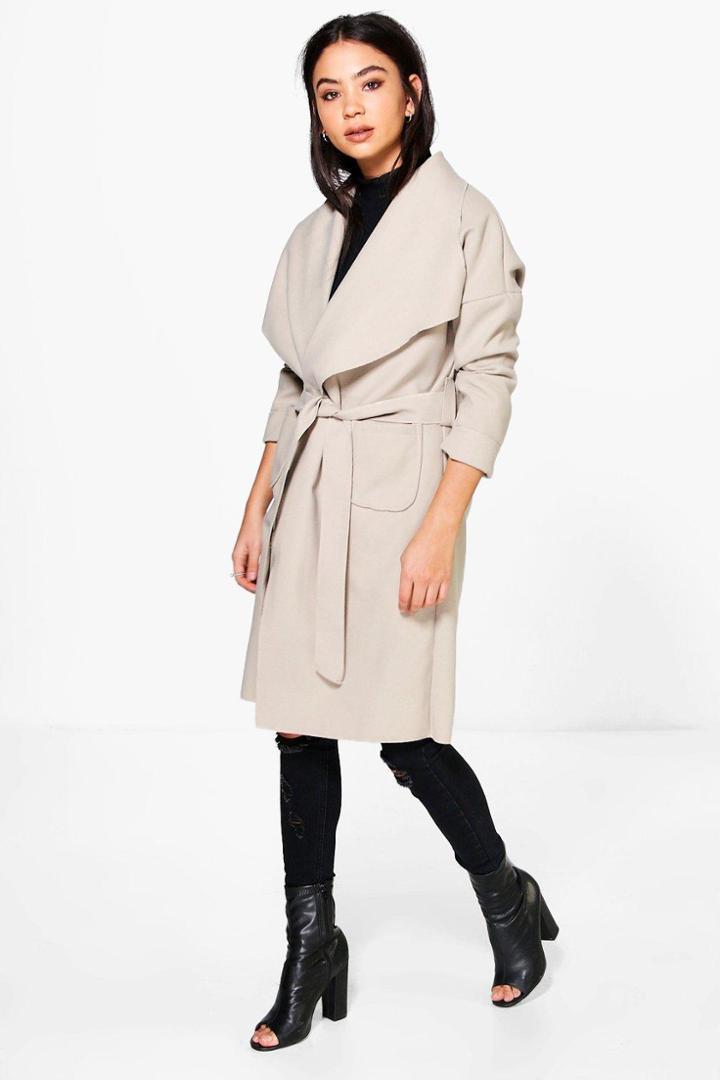 Boohoo Natasha Pocket Shawl Collar Belted Coat Stone