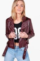 Boohoo Rebecca Studded Biker Jacket Burgundy