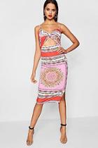 Boohoo Tall Indi Scarf Print Wrap Cut Out Thigh Split Midi Dress