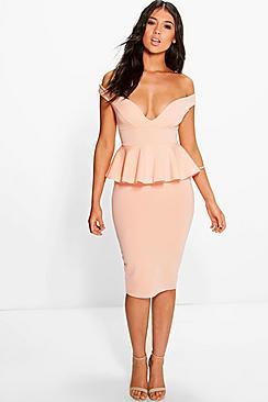 Boohoo Dot Sweetheart Off The Shoulder Peplum Midi Dress