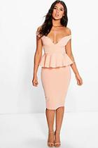 Boohoo Dot Sweetheart Off The Shoulder Peplum Midi Dress