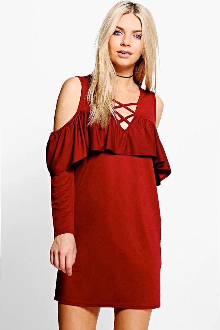 Boohoo Ash Lace Up Cold Shoulder Ruffle Shift Dress Wine