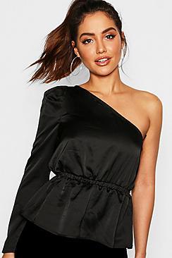 Boohoo Premium Satin One Shoulder Peplum Top