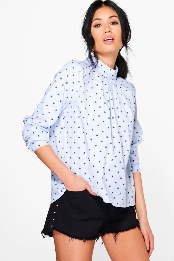 Boohoo Violet Star Print Striped Long Sleeve Blouse Blue