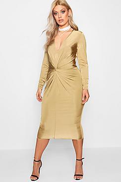 Boohoo Plus Slinky Knot Front Midi Dress