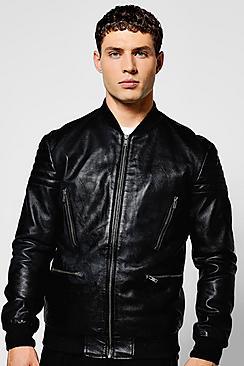 Boohoo Black Real Leather Collarless Biker Jacket
