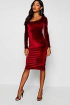 Boohoo Velvet Square Neck Long Sleeve Midi Dress