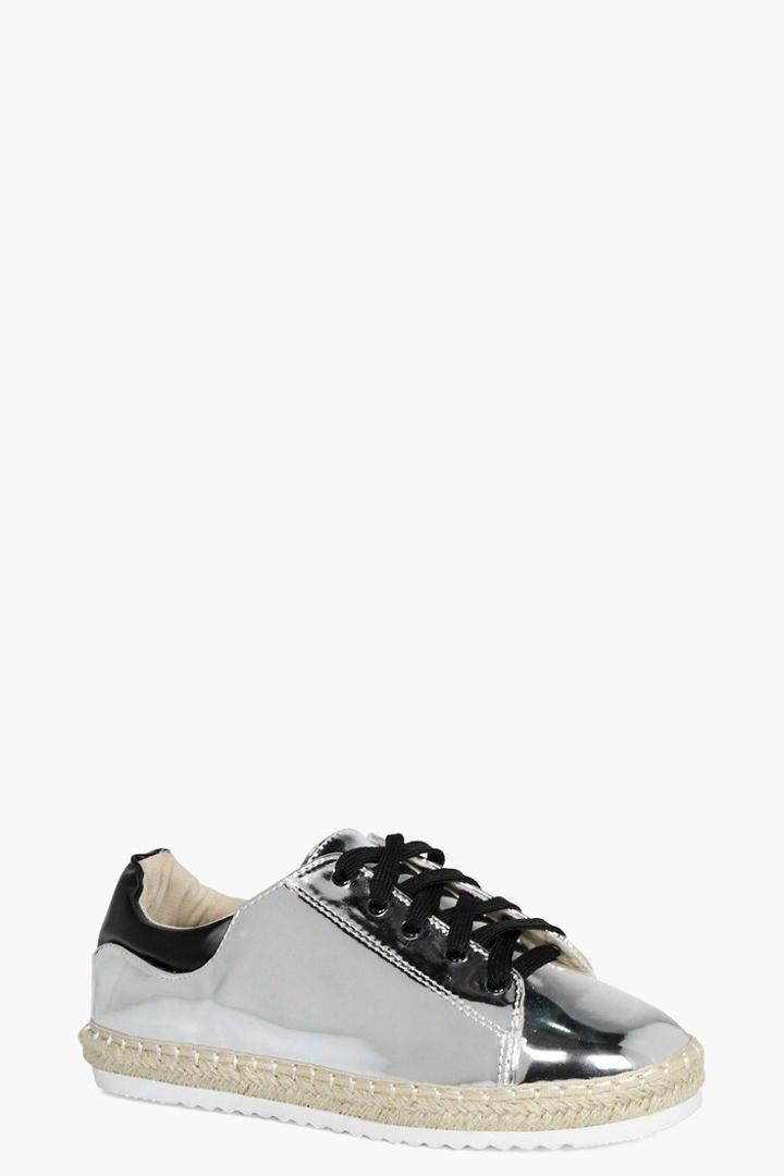 Boohoo Bethany Espadrille Metallic Trainer Silver
