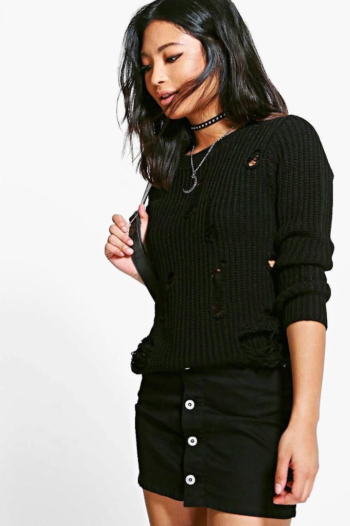Boohoo Petite Emma Distressed Knitted Jumper Black
