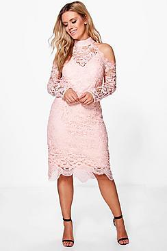 Boohoo Plus Crochet Lace Open Shoulder Midi Dress