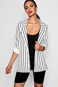 Boohoo Stripe Oversized Roll Sleeve Woven Blazer