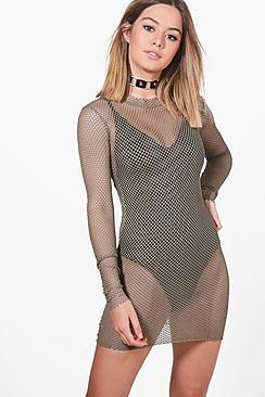 Boohoo Petite Leah Mesh Turtleneck Dress