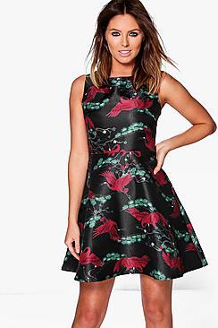 Boohoo Eleanor Bird Print Skater Dress