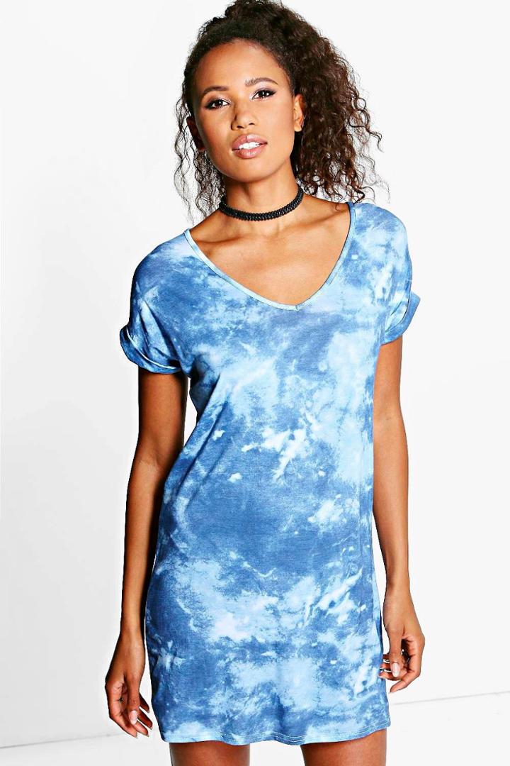 Boohoo Paris Tie Dye Turn Up T-shirt Dress Navy