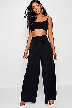 Boohoo Luna Tie Waist Woven Satin Wide Leg Trouser