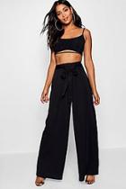 Boohoo Luna Tie Waist Woven Satin Wide Leg Trouser
