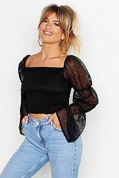 Boohoo Polka Dot Mesh Shirred Square Neck Crop