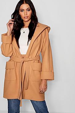 Boohoo Belted Hooded Coat