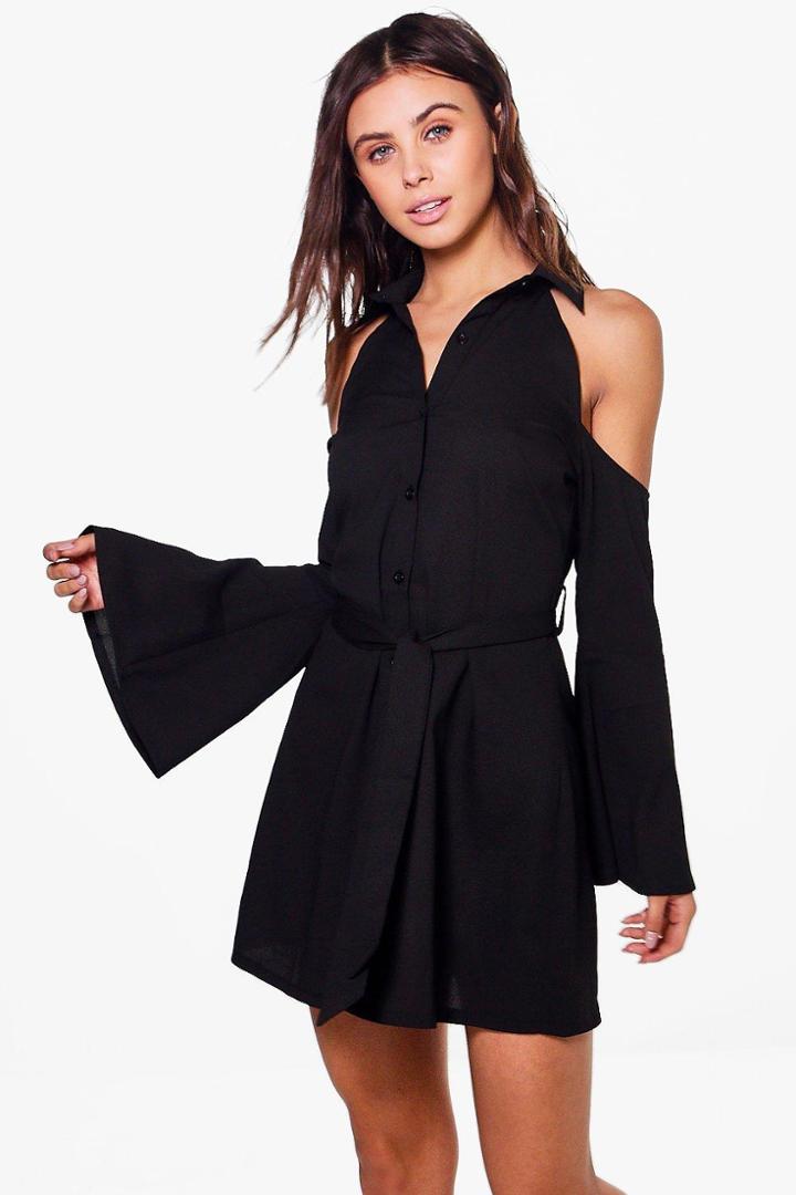 Boohoo Petite Elle Cold Shoulder Tie Front Shirt Dress Black