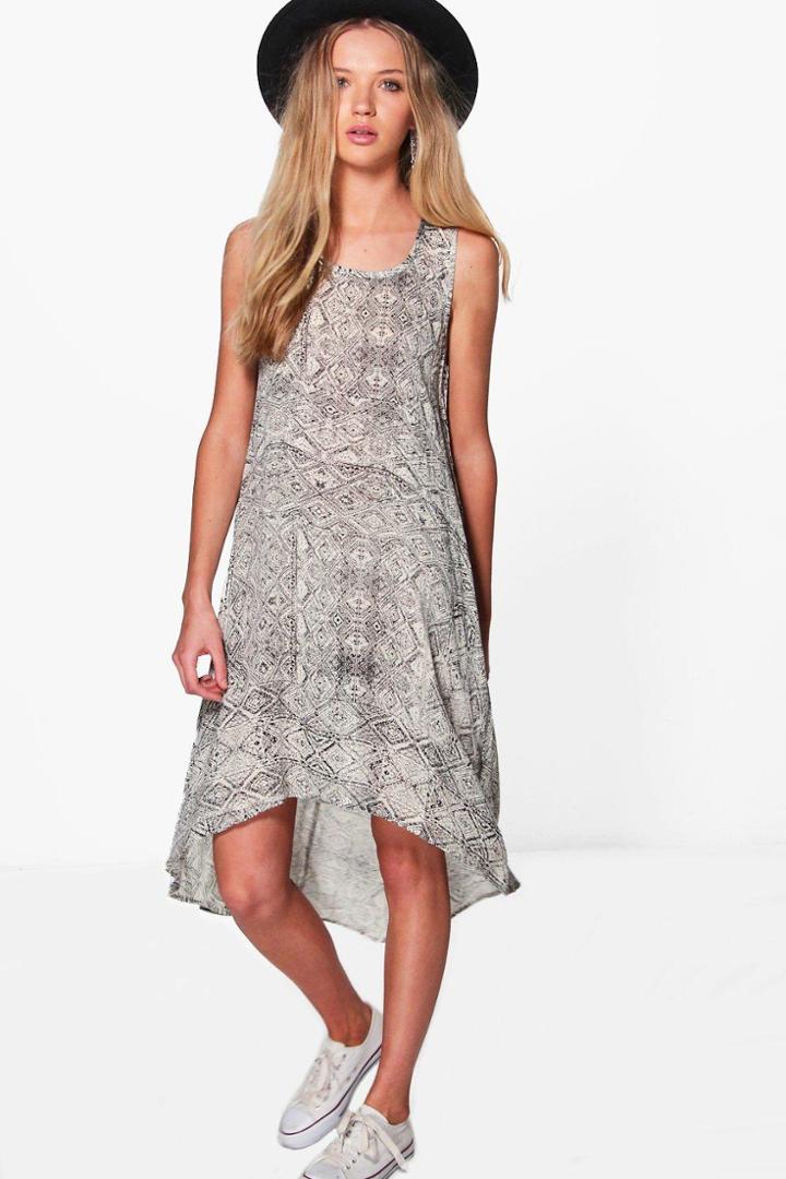 Boohoo Leigh Printed Dip Hem Cut Out Swing Dress Multi