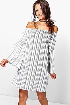 Boohoo Tall Taniya Stripe Off The Shoulder Dress