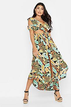 Boohoo Palm Print Knot Front Maxi Dress