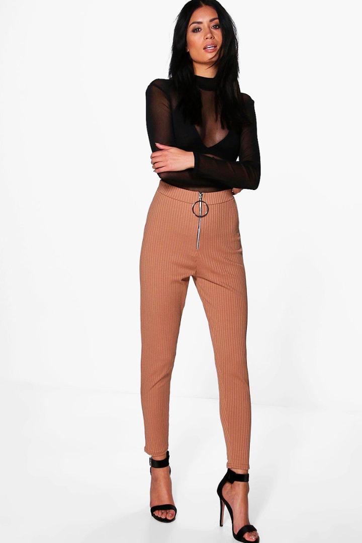 Boohoo Reign Zip Detail Ribbed Highwaist Leggings Camel