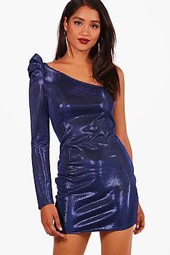 Boohoo Gigi Metallic One Shoulder Puff Sleeve Dress