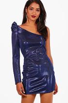 Boohoo Gigi Metallic One Shoulder Puff Sleeve Dress