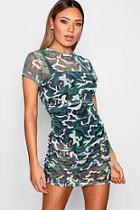 Boohoo Paige Mesh Rouched Camo Bodycon Dress