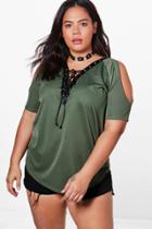 Boohoo Plus Katie Lace Up Eyelet Detail Top Khaki