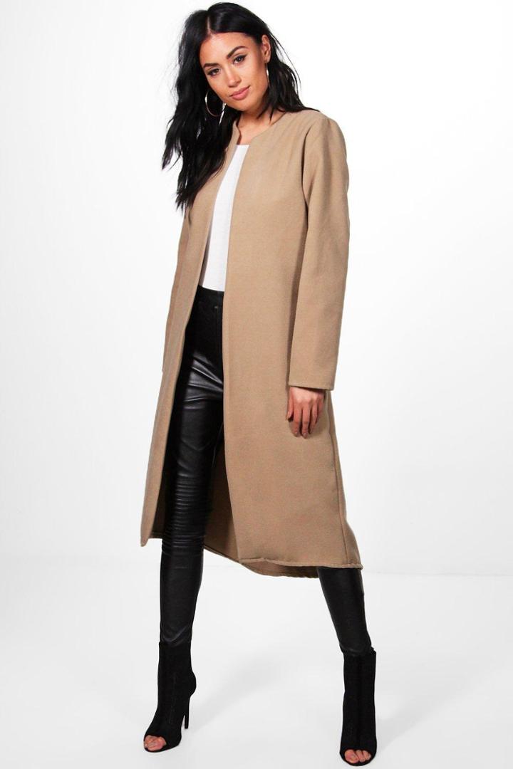 Boohoo Danielle Collarless Edge To Edge Wool Coat Camel