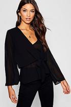 Boohoo Double Layer Tie Detail Woven Pep Hem Blouse
