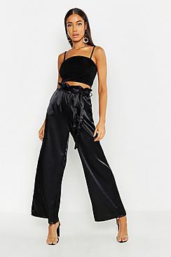 Boohoo Paperbag Waist Satin Wide Leg Trousers