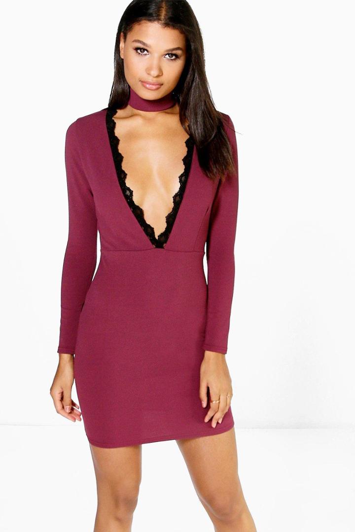 Boohoo Mia Highneck Eyelash Trim Bodycon Dress Berry