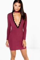 Boohoo Mia Highneck Eyelash Trim Bodycon Dress Berry