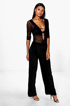 Boohoo Boutique Pleated Velvet Wide Leg Trousers