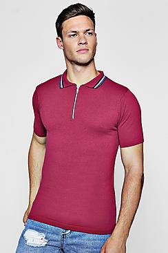 Boohoo Zip Neck Muscle Fit Knitted Polo